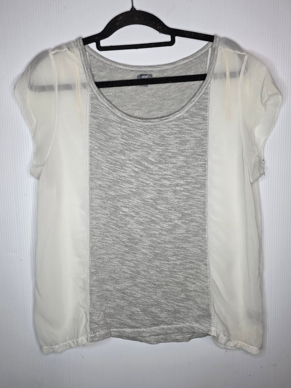 Aerie Size XL Gray White Mixed Media Top Short Sleeve Blouse Casual Boho